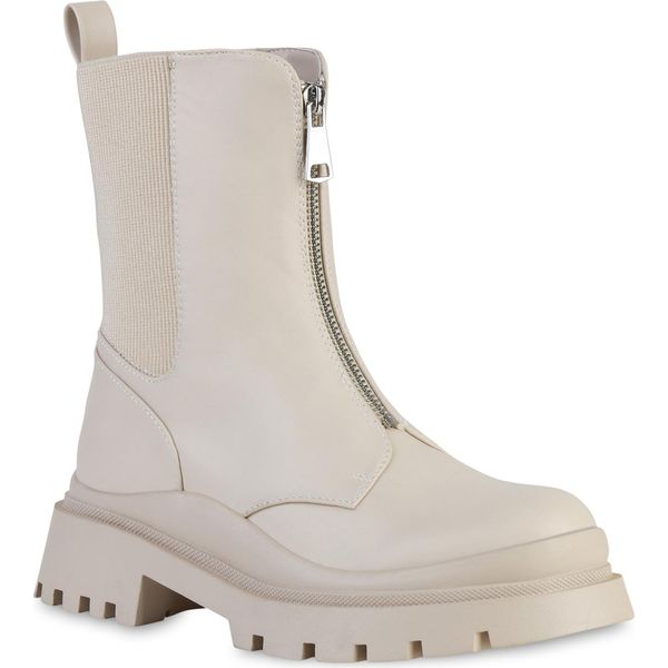 Van Hill Donna Stivaletti Leggermente Foderati Stivali Con Plateau Scarpe Con Suola Profilata 837956, Colore: Beige, Taglia: 37-image