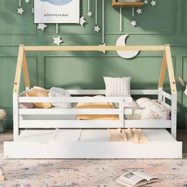 Letto Per Bambini Merax 90X200Cm Estraibile Con Protezione Anticaduta E Rete A Doghe, Letto Da Giorno In Legno Massiccio Letto Singolo E Matrimoniale Letto Casa Letto Scorrevole-image