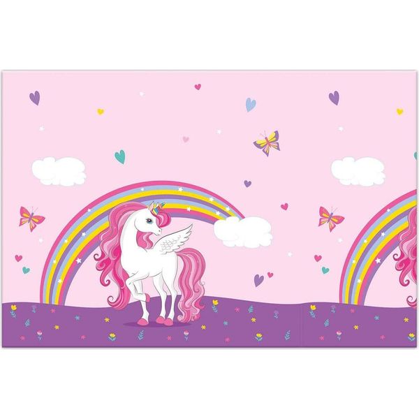 Procos 93761 - Tovaglia Unicorno Colori Arcobaleno, Dimensioni 120 X 180 Cm, Plastica, Cancellabile, Compleanno, Festa A Tema-image