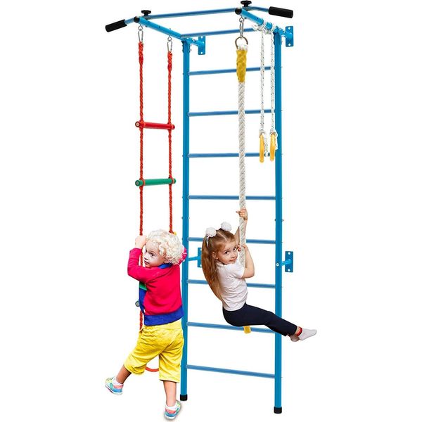 Parete Da Arrampicata Per Bambini Costway Con Barre In Metallo, Parete Da Ginnastica 107X83X223Cm, Attrezzatura Sportiva Per Bambini E Adulti Fino A 100 Kg (Blu)-image