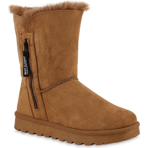 Van Hill Donna Stivali Invernali Foderati Caldi Stivaletti Scarpe Pelliccia Ecologica 839666, Colore: Marrone Chiaro, Taglia: 39-image