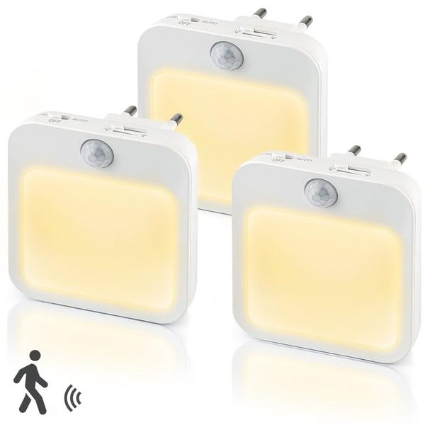 Presa Di Corrente A 3 Led Con Rilevatore Di Movimento Sensore Crepuscolare Luce Notturna Luce Da Armadio Bianco Caldo-image