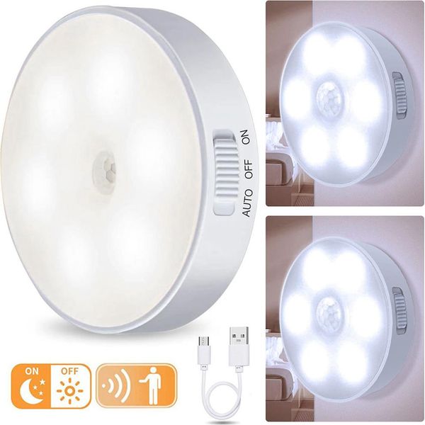 2X Luce Notturna A Led Con Rilevatore Di Movimento Luce Crepuscolare Ricaricabile Usb Bianco Freddo Per Scale, Guardaroba-image
