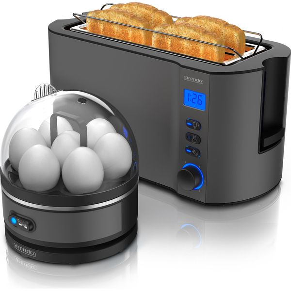 Arendo - Set Tostapane Manha Con Cuoci Uova Sevencook In Acciaio Inox Grigio, Tostapane 4 Fette, Display Led, 6 Livelli Di Doratura, Porta Panini - Cuoci Uova 1-7 Uova, Misurino-image