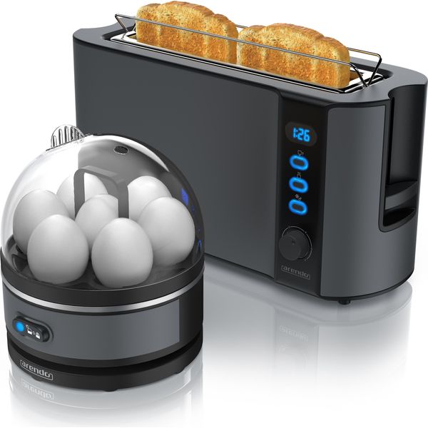 Arendo - Set Tostapane Frukost Con Cuociuova Sevencook In Acciaio Inox Grigio, Tostapane 2 Fette, Display Led, 6 Livelli Di Doratura, Porta Panini - Cuociuova 1-7 Uova, Misurino-image