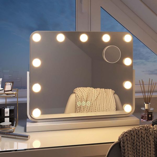 Emke Hollywood Specchio Per Il Trucco 118X500X416Mm Con Specchio D'ingrandimento 7X, Bianco Specchio Per Il Trucco Con Touchscreen Intelligente E 3 Colori Di Luce, 11 Luci Led Dimmer, Ruotabile A 360° E Funzione Di Memoria-image