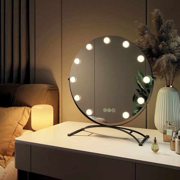 Specchio Per Il Trucco Emke Hollywood Con Specchio D'ingrandimento 7X, Specchio Per Il Trucco Rotondo Nero 160X500X580 Mm Con Touchscreen Intelligente E 3 Colori Di Luce, 11 Luci Led Dimmer Ruotabili A 360° E Funzione Di Memoria-image