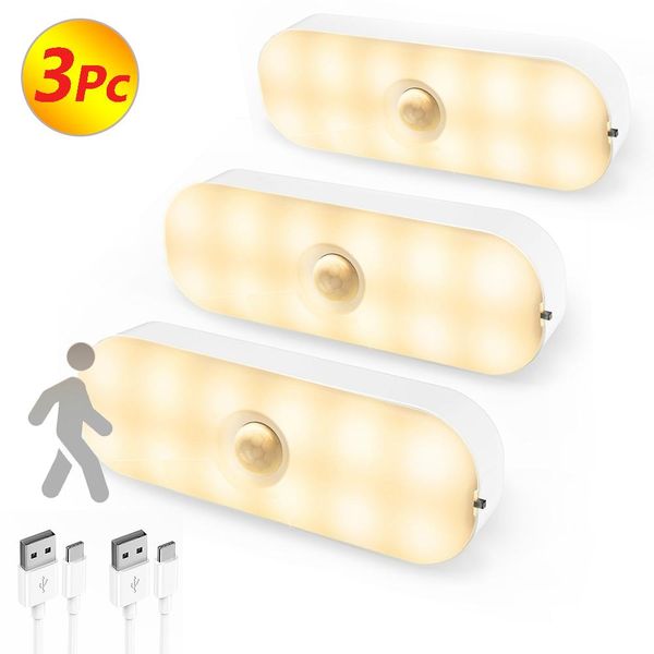 3X Luce Notturna A Led Con Rilevatore Di Movimento Luce Crepuscolare Ricaricabile Usb Bianco Caldo Per Scale Interne, Guardaroba, Cucina, Corridoio-image