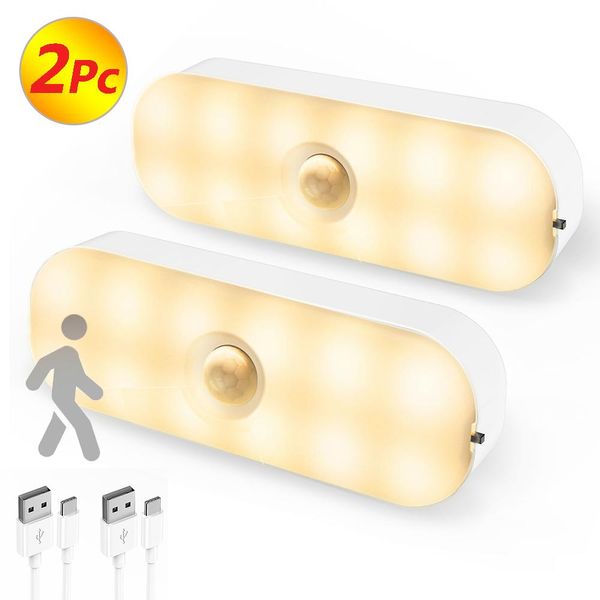 2X Luce Notturna A Led Con Rilevatore Di Movimento Luce Crepuscolare Ricaricabile Usb Bianco Caldo Per Scale Interne, Guardaroba, Cucina, Corridoio-image