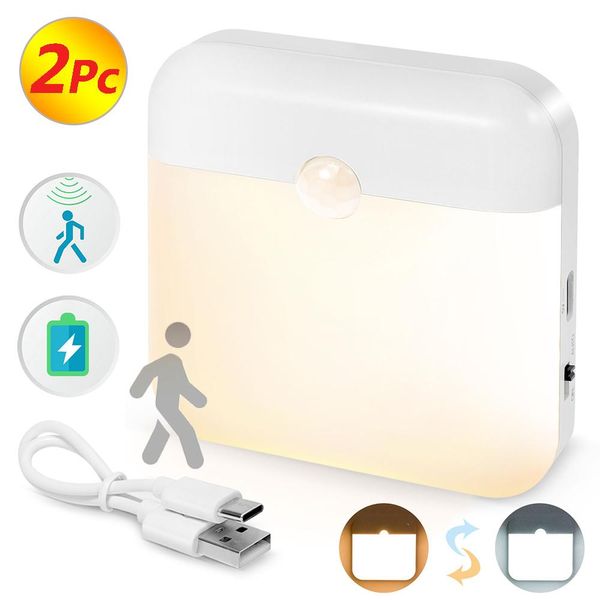 Luce Notturna 2Pc Led Con Rilevatore Di Movimento Luce Crepuscolare Ricaricabile Usb Bianco Caldo + Bianco Per Scale, Corridoio, Armadio-image