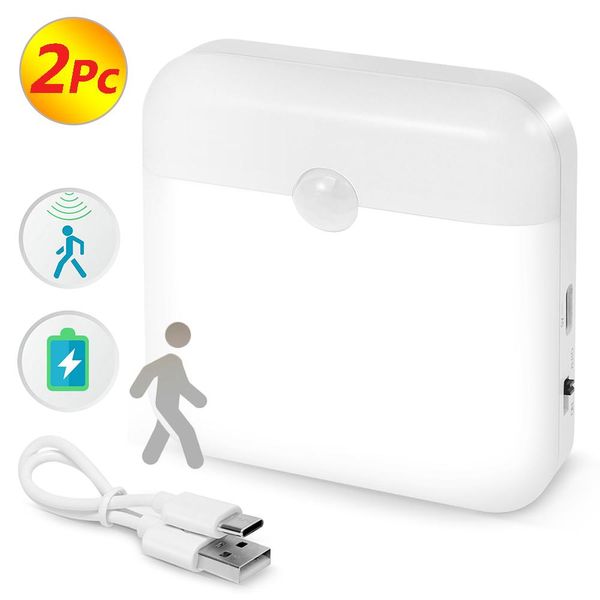 2Pc Led Luce Notturna Con Rilevatore Di Movimento Usb Ricaricabile Luce Crepuscolare Bianca Per Scale, Corridoio, Armadio-image