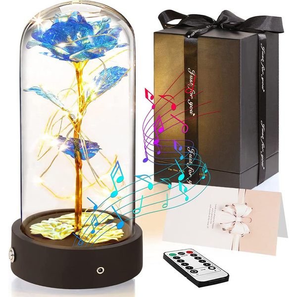 Rosa Eterna In Vetro Con Luce Led, Scatola Musicale Rotante Luce Notturna Regalo Per Compleanno Anniversario San Valentino Matrimonio Anniversario Matrimonio Fidanzata Donne-image