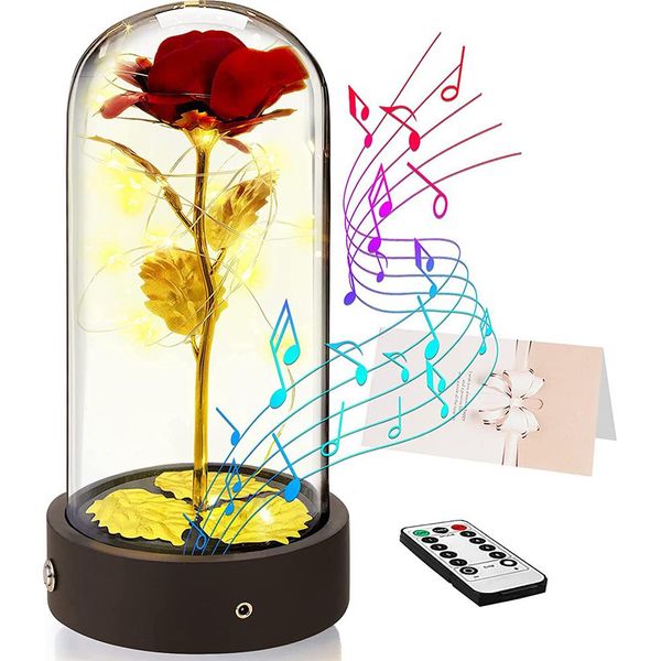 Rosa Eterna In Vetro Con Luce Led, Scatola Musicale Rotante Luce Notturna Regalo Per Compleanno Anniversario San Valentino Matrimonio Anniversario Matrimonio Fidanzata Donne-image