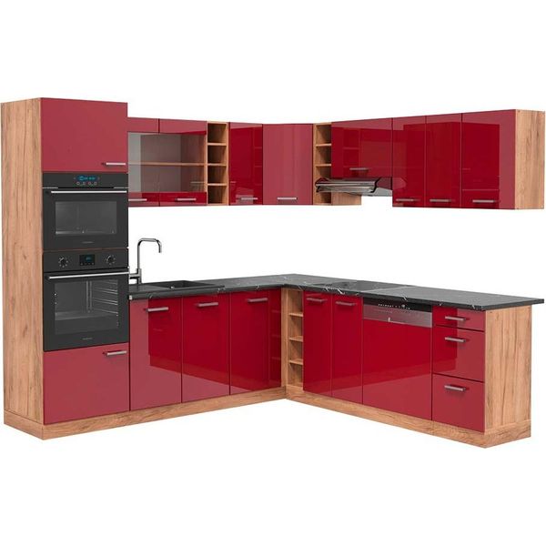 Vicco Cucina Angolare Completa R-Line, 247 X 60 Cm , Pl Antracite, Rosso Lucido/Rovere Dorato/Quercia Dorata-image
