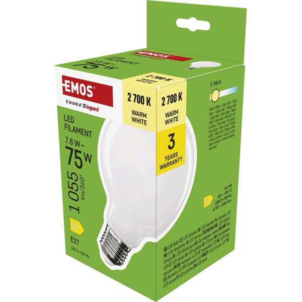 Emos Lampada Led Edison G95, 7,8W In Sostituzione Della Lampadina A Incandescenza Da 75W, Globo Lattiginoso Con Base E27 E Luminosità 1055 Lm, Bianco Caldo 2700 K-image