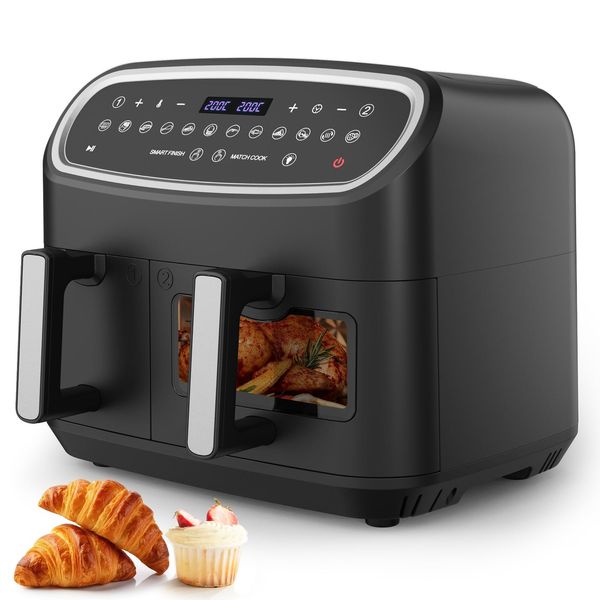 Friggitrice Ad Aria Doppio Cestello 10L Xxl (4L+6L) - 2800W, 12 Programmi, Timer, Touchscreen E Finestra Per Cottura Sana Senza Olio-image