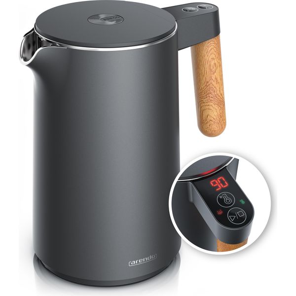 Bollitore Elettrico Arendo In Acciaio Inox Da 1,5L, A Doppia Parete, Impostazione Della Temperatura 40° - 100°C Con Display, 2200W, Funzione Keep Warm, Manico In Look Legno, Senza Bpa-image
