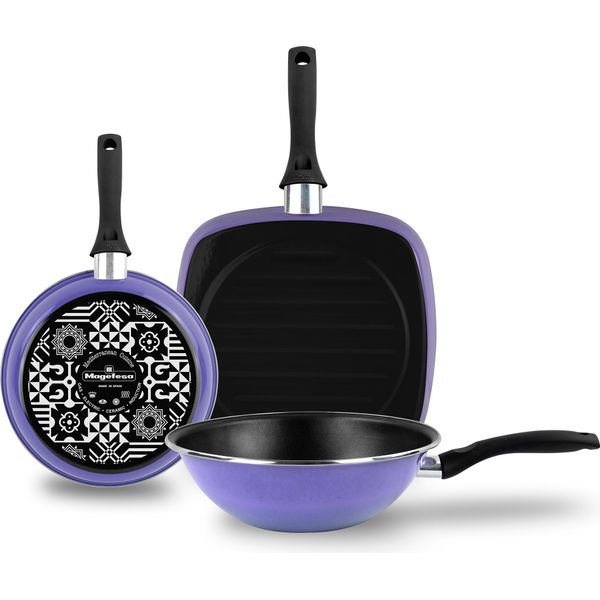 Magefesa Very Peri Set Padelle A Induzione, Padella Grill, Wok 24-28 Cm, Rivestimento Antiaderente Viola-image