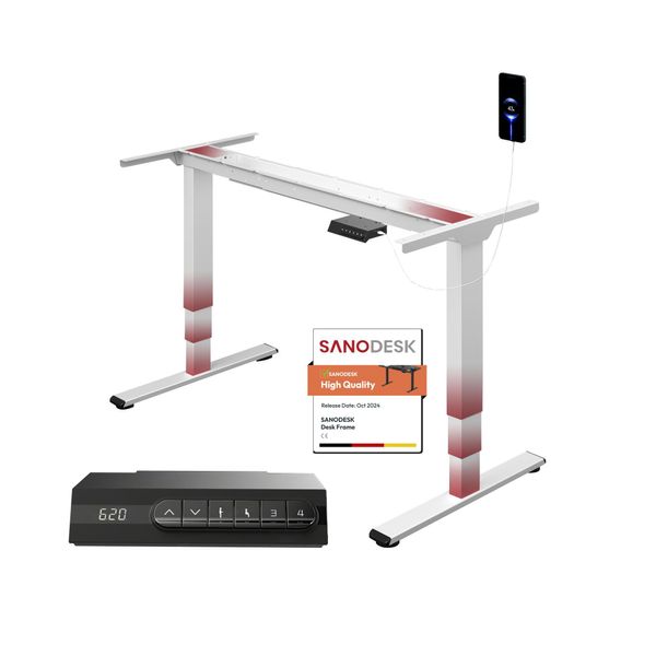 Struttura Per Scrivania Sanodesk Regolabile In Altezza, Elettrica Con 2 Motori, Usb A/B, Portata 120 Kg, 4 Funzioni Di Memoria, Protezione Anticollisione Bianco-image