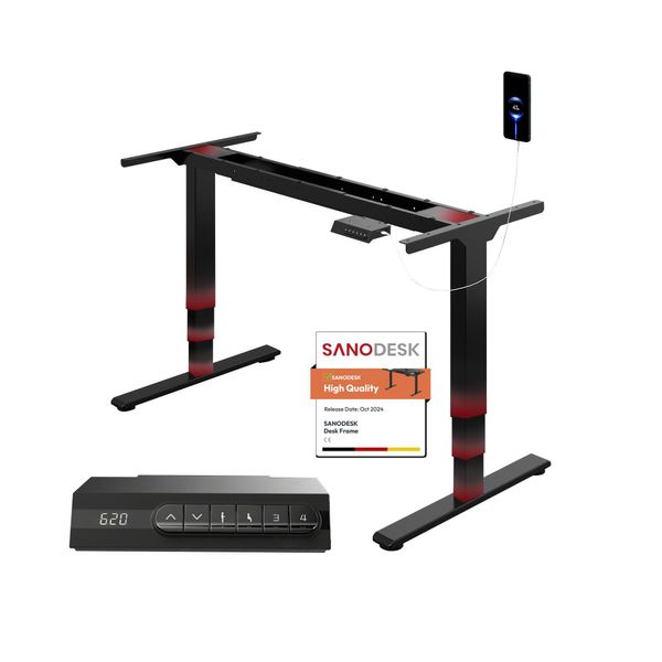 Telaio Per Scrivania Sanodesk Regolabile In Altezza, Elettrico Con 2 Motori, Usb A/B, Portata 120 Kg, 4 Funzioni Di Memoria, Protezione Anticollisione Nero-image