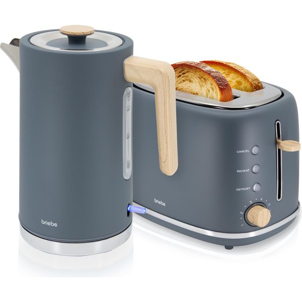 Briebe SKT1167GRY Set Nordico Tostapane 2 Fette A Fessura Larga + Bollitore 1,7L Elettrico Grigio-image