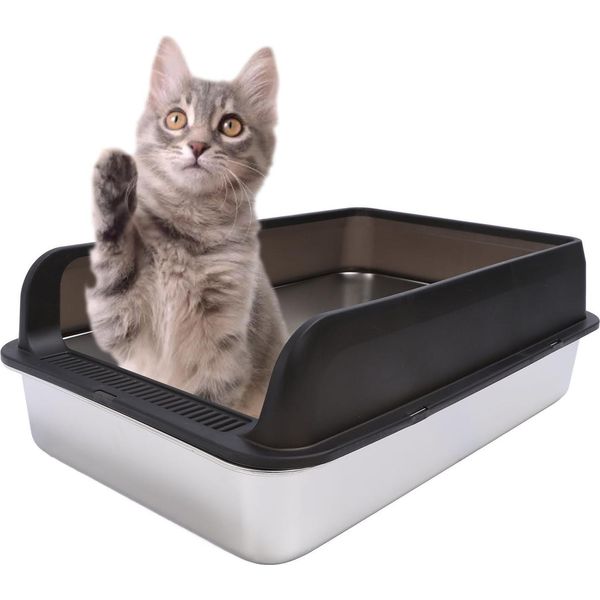 Lettiera Per Gatti In Acciaio Inox Anti Schizzo Inodore Facile Da Pulire Lati Alti Semi-Chiusi Con Coperchio Per Gatti Grandi Nero Extra Large: 60 X 40 10 Cm / 23,6 15,7 3,9In-image