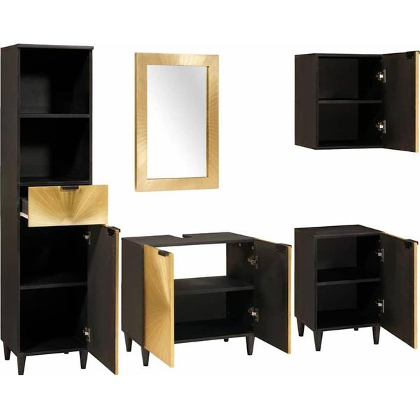 Vidaxl Set Di Armadietti Da Bagno 5 Pezzi In Legno Massiccio Nero E Oro Mango-image