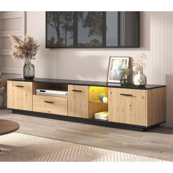 Mobile Tv Basso Fortuna Lai (Illuminazione A Led E Design Bicolore), Con 3 Ante, Cassetti E 2 Vani A Giorno, Larghezza 180 Cm-image