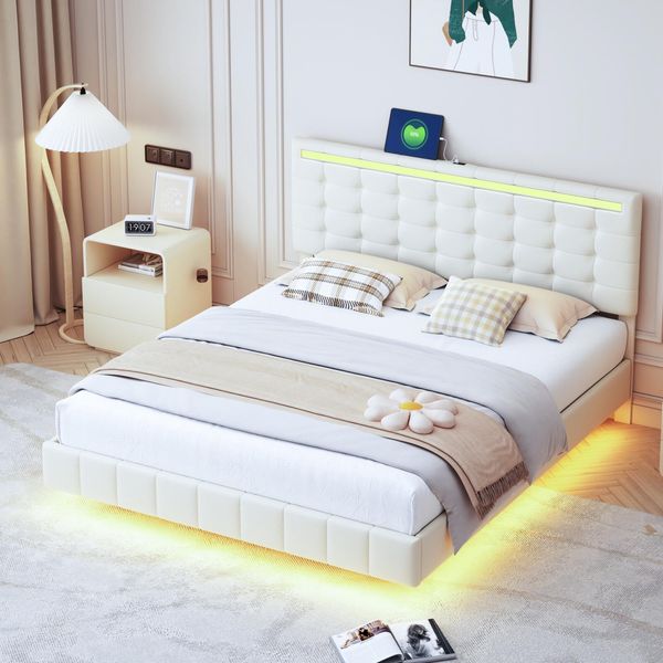Letto Imbottito Fortuna Lai 160X200Cm Con Illuminazione A Led E Presa Usb, Letto Matrimoniale Con Giroletto E Testata Regolabile In Altezza, Letto In Legno Biancheria Da Letto Funzionale Per I Giovani, Beige-image