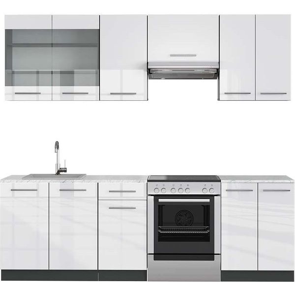 Vicco Cucina Componibile Fame-Line, 240 Cm , Pl Marmo, Bianco Lucido/Antracite-image