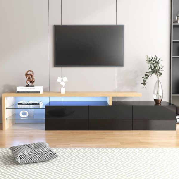 Mobile Tv Moderno Di Design Fortuna Lai: Eleganza Elegante, Pratico Spazio Di Archiviazione, Bianco Lucido, Aspetto Legno, Ripiani In Vetro, Illuminazione Led, 198X39X42Cm-image