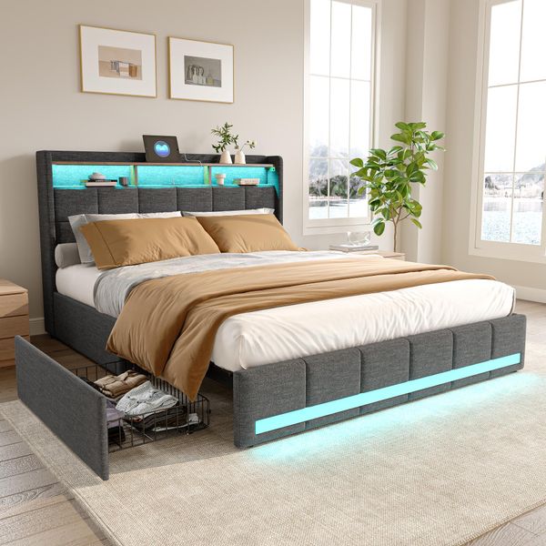 Letto Imbottito 140X200Cm Con Usb, Letto Per Ragazzi Letto Matrimoniale Con Rete A Doghe E 4 Cassetti, Letto Contenitore Con Led, Lino, Grigio-image