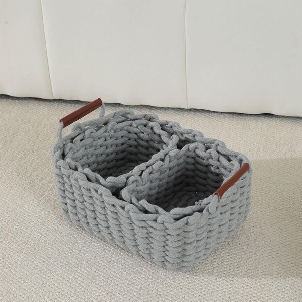 Set Di 3 Cesti In Cotone Intrecciato Grossolanamente Cesto Portaoggetti Per Corridoio, Camera Da Letto E Soggiorno, Colore: Grigio-image
