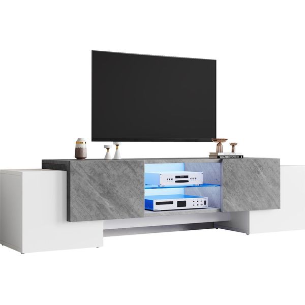Mobile Tv Con Illuminazione Led - Porta Tv A 4 Ante Con Ripiani In Vetro - Bianco E Grigio-image