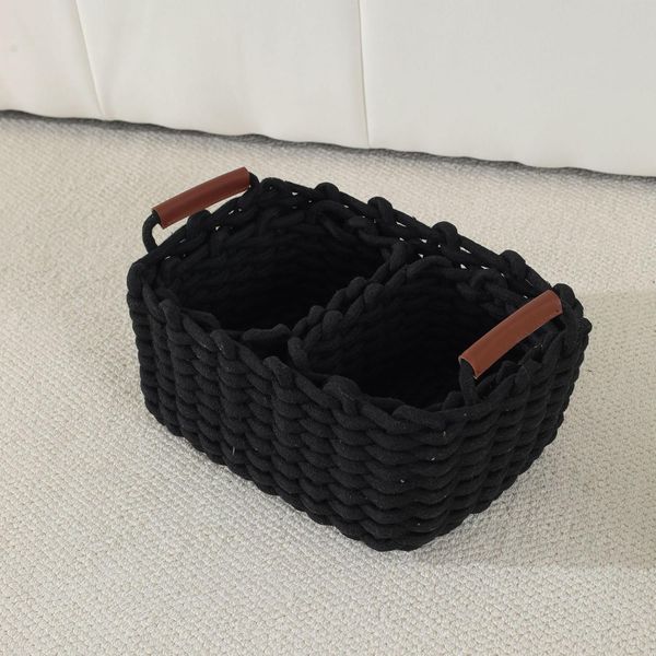 Set Di 3 Cesti In Cotone A Trama Grossa Cesto Portaoggetti Per Corridoio, Camera Da Letto E Soggiorno, Colore: Nero-image