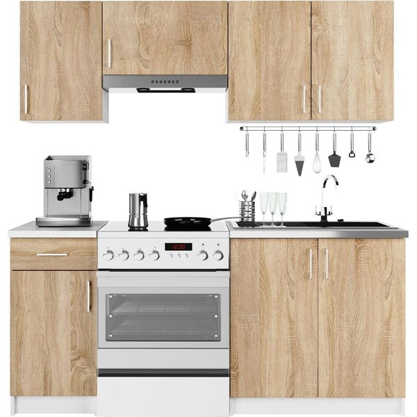 Set Da Cucina: Un Cassetto, Sette Ante, Otto Ripiani, Colore: Bianco | Rovere Sonoma, Dimensioni Del Mobile: L: 180 Cm, A: 203 Cm, P: 44,5 Cm.-image