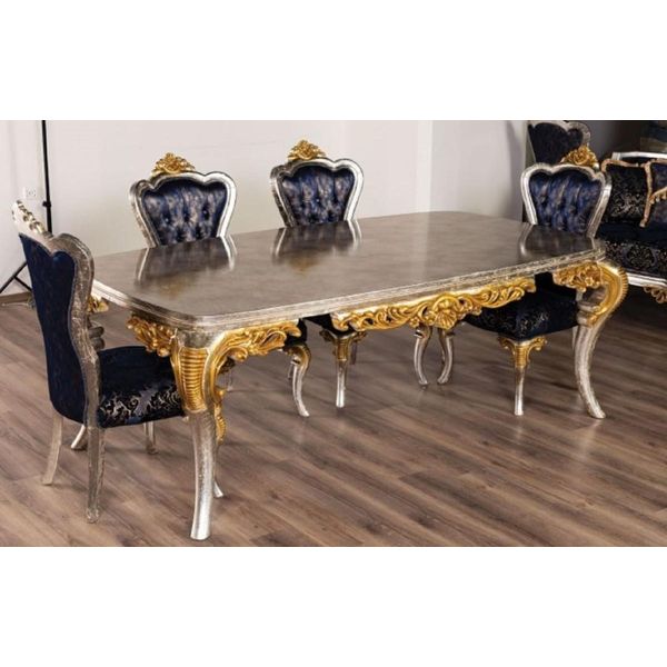 Casa Padrino Tavolo Da Pranzo Barocco Argento/Oro - Tavolo Da Pranzo In Legno Massiccio In Stile Barocco Realizzato A Mano - Sontuosi Mobili Da Sala Da Pranzo Barocchi-image