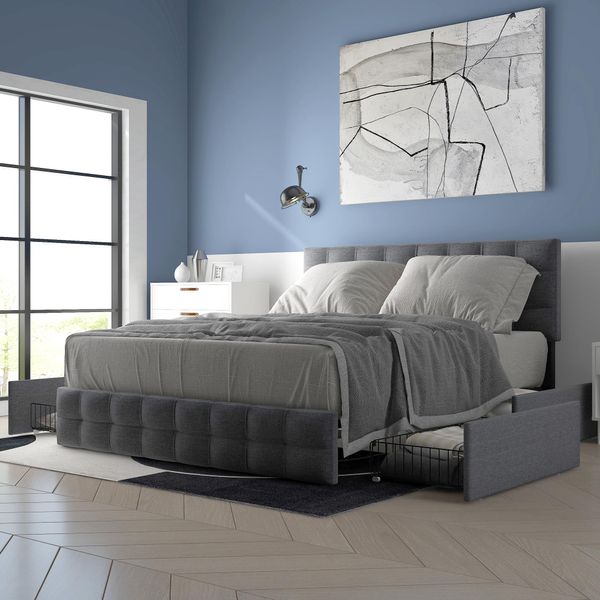 Letto Imbottito Merax 140X200Cm Con Rete A Doghe E 4 Cassetti, Testata Regolabile In Altezza E Doghe In Metallo, Letto Contenitore Letto Matrimoniale Letto In Legno Massiccio Letto Matrimoniale Biancheria, Grigio-image
