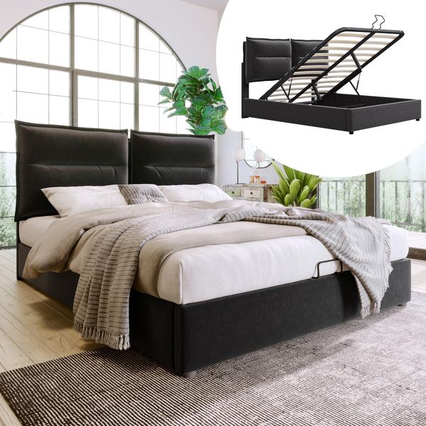 Letto Imbottito Flieks 140X200Cm Con Rete A Doghe, Letto A Molle Idrauliche Con Rete E Contenitore, Letto Contenitore In Velluto Letto Matrimoniale Letto Per Ragazzi-image