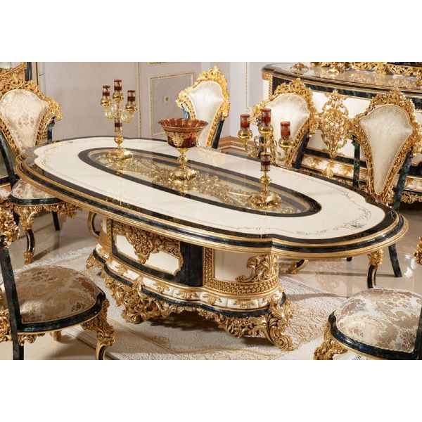 Casa Padrino Tavolo Da Pranzo Barocco Bianco / Blu / Oro - Sontuoso Tavolo Da Pranzo In Legno Massiccio In Stile Barocco - Mobili Da Sala Da Pranzo Barocchi - Nobile & Magnifico-image