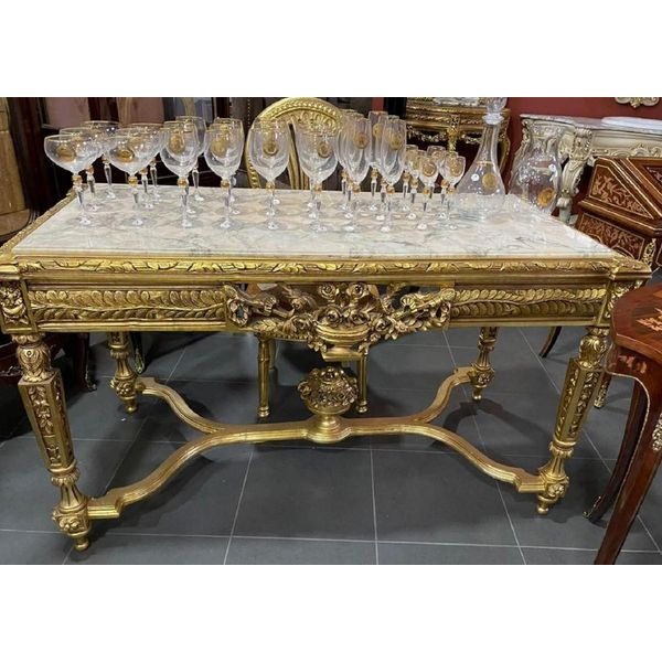 Casa Padrino Tavolo Da Pranzo Barocco Oro/Bianco - Tavolo Da Pranzo Rettangolare In Legno Massiccio Con Piano In Marmo - Mobili Da Sala Da Pranzo In Stile Barocco - Mobili Barocchi - Nobile & Magnifico-image