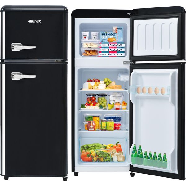 Frigorifero Retrò Merax BCD-102, Frigo Congelatore Vintage Con Maniglia In Metallo, Ripiano E Piedini Regolabili, Doppia Porta E Illuminazione A Led, Altezza 101 Cm, Larghezza 41 Cm, 92 L, Nero-image