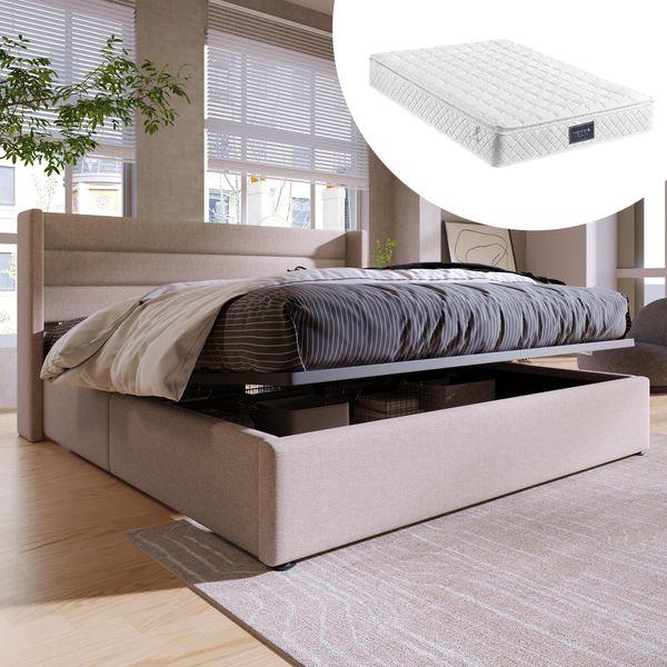 Letto A Molle Sweiko Letto Matrimoniale Letto Imbottito 140X200Cm Con Rete A Doghe In Legno Letto Contenitore Lino Beige (Con Materasso)-image