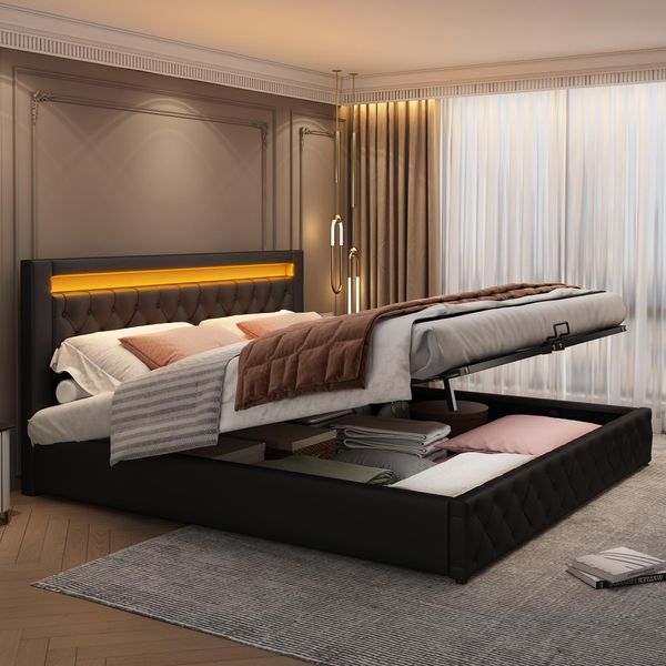 Letto Imbottito Flieks Con Contenitore E Rete A Doghe, Letto A Molle 180X200Cm Matrimoniale Con Led, Letto Contenitore, Letto Funzionale, Nero-image