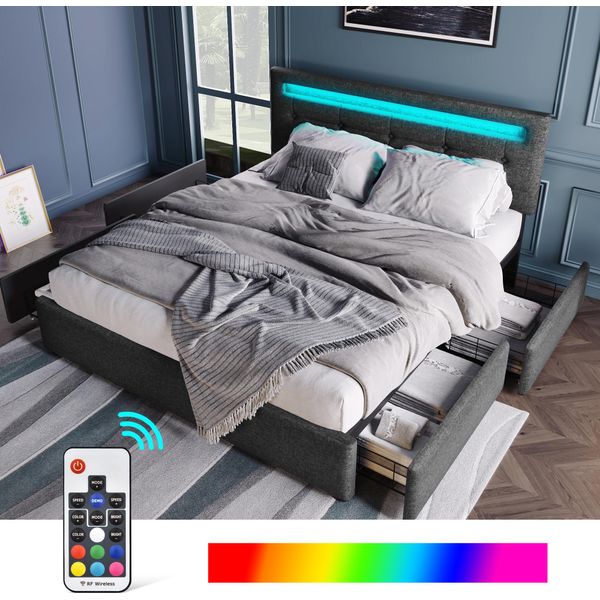 Letto Imbottito Flieks 140X200Cm Con Led E Testata Regolabile In Altezza, Letto Matrimoniale Con Rete A Doghe E 4 Cassetti, Letto Contenitore Per Biancheria, Grigio-image