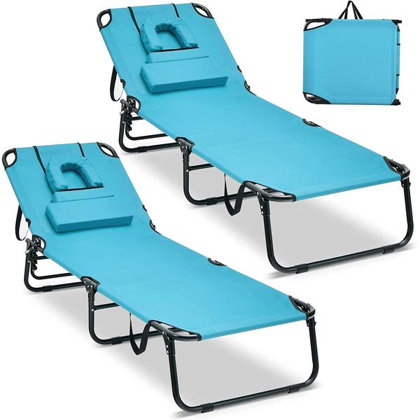 Lettino Costway Con Apertura Frontale, Lettino Da Giardino Pieghevole Con 3 Cuscini Rimovibili E Schienale Regolabile In 5 Posizioni, Sdraio Da Spiaggia Per Giardino E Piscina (Turchese)-image