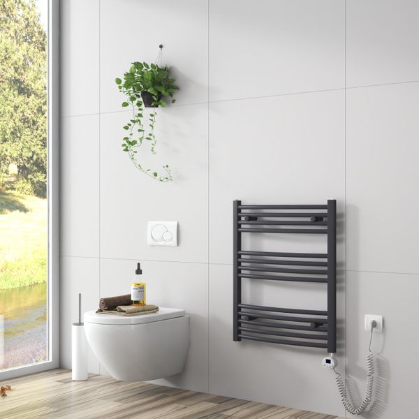 Emke Radiatore Da Bagno Asciugamano Elettrico Incluso Elemento Riscaldante 75X60Cm Antracite Radiatore Di Design Curvo Per Bagno-image
