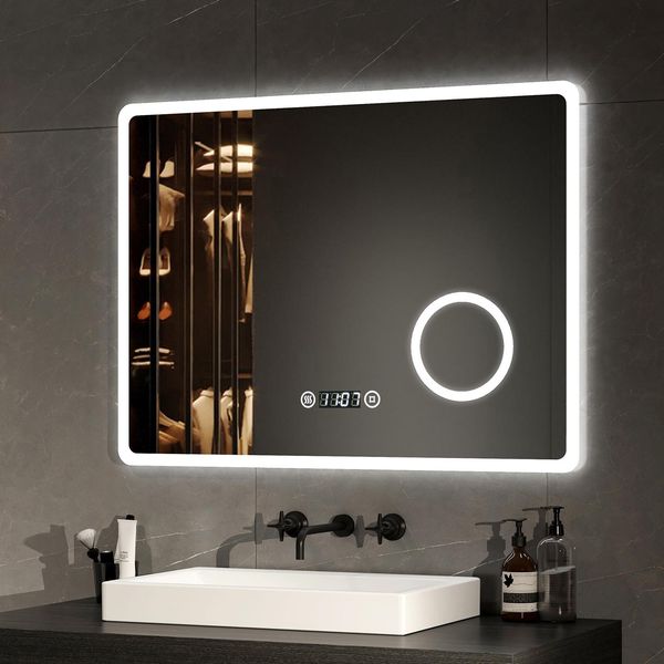 Specchio Da Bagno Emke Specchio Da Bagno A Led Specchio Da Parete 90X70Cm Con Interruttore A Sfioramento Ingrandimento Specchio Per Il Trucco Multifunzionale Antiappannamento E Orologio-image