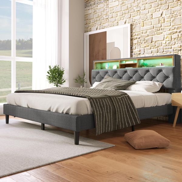 Letto Imbottito Sweiko 140X200Cm Con Testata Contenitore E Illuminazione Led Struttura A Doghe In Legno Massiccio Grigio Lino (Senza Materasso)-image