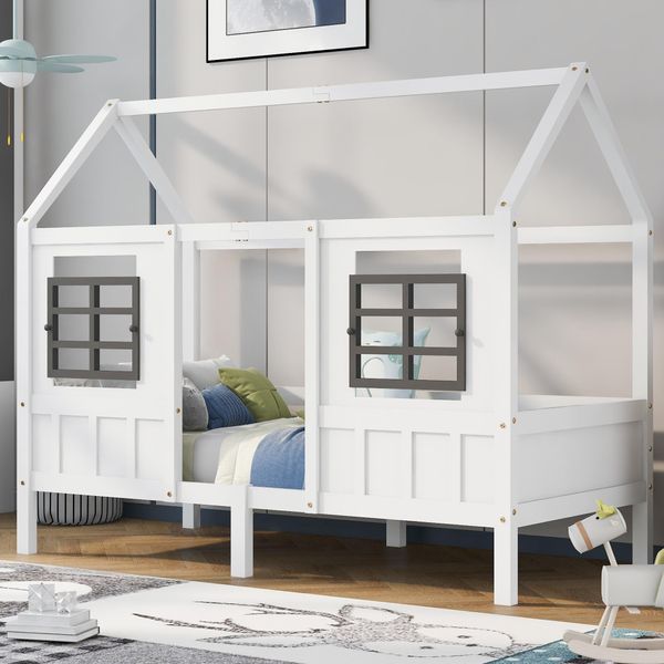 Letto Per Bambini Flieks 90X200Cm Con Protezione Anticaduta, Letto Singolo Con Rete A Doghe E 2 Finestre, Letto In Legno Massiccio Da Pavimento Letto Per Bambini E Bambine, Bianco-image